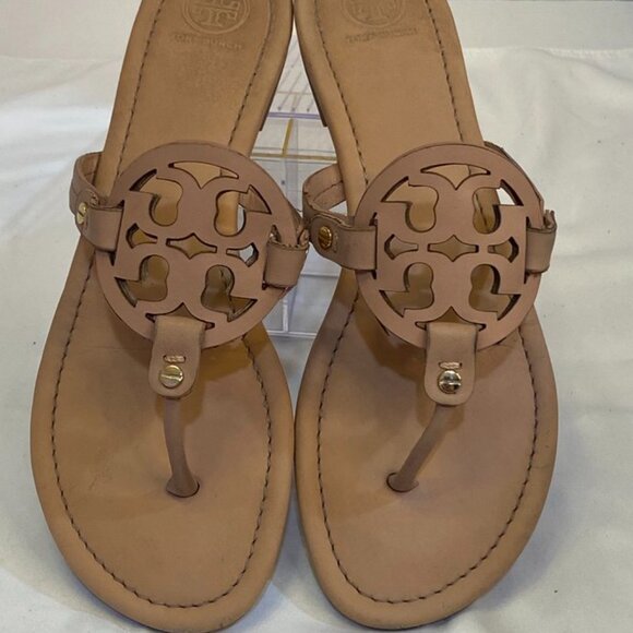 Tory Burch Miller Leather Logo Thong Sandal Nude Tan Classic Slip-On 11M - Picture 15 of 16